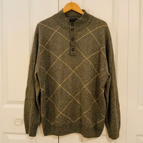 Jos. A. Bank Men’s Grey Argyle Lambs’ Wool Blend Mock Neck Sweater XL - Picture 1 of 9